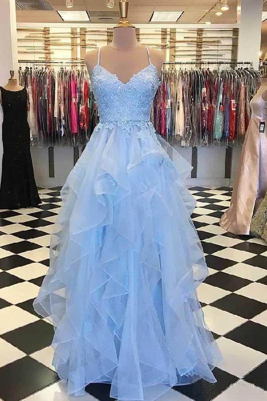A Line Light Blue Spaghetti Straps Prom Dresses Sweetheart Long Evening Dresses