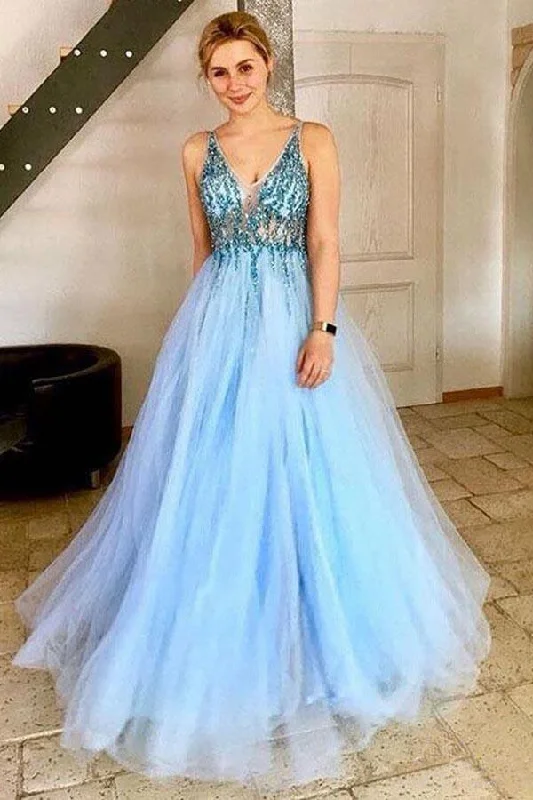 A Line V-Neck Tulle Backless Prom Dress with Sequins Appliques Long Evening Dresses