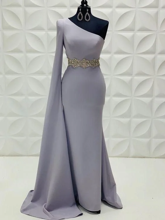 Sheath/Column One Shoulder Silver Long Prom Dresses Satin Evening Dress    cg21273