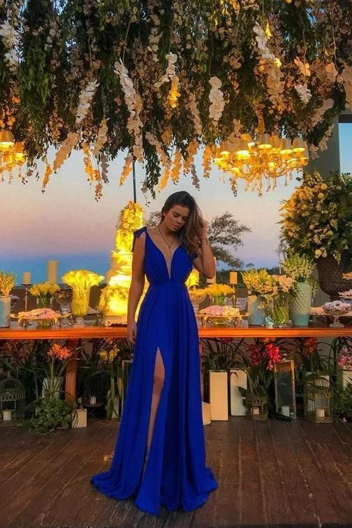 A-Line Deep V Neck Royal Blue High Split Long Prom Dresses Cheap Evening Dresses