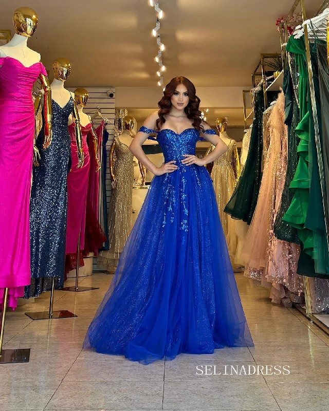 Chic A-line Off-the-shoulder Royal Blue Long Prom Dresses Elegant Lace Beaded Evening Dress sew03348 Chic A-line Off-the-shoulder Royal Blue Long Prom Dresses Elegant Lace Beaded Evening Dress sew03348