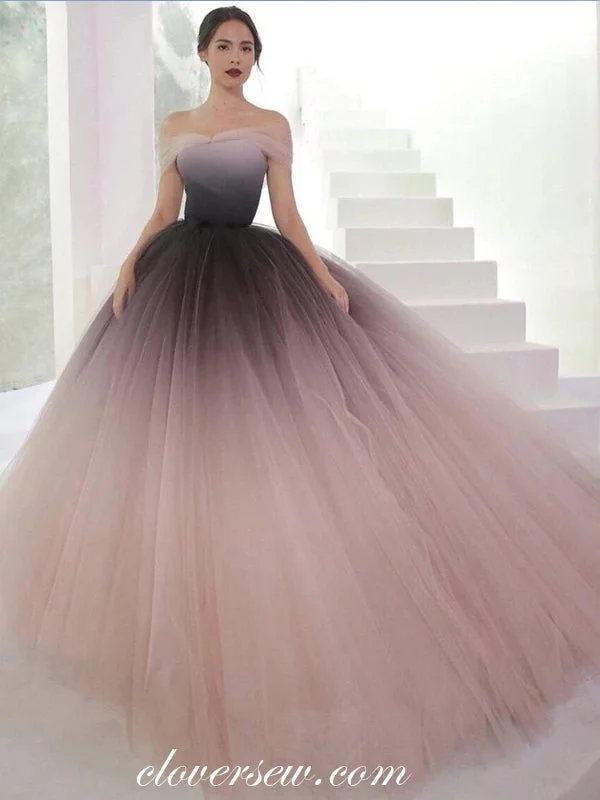 Gradient Tulle Dusty Pink Off The Shoulder Ball Gown Prom Dresses,CP0211