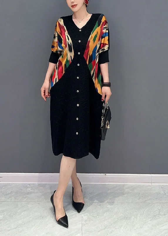 Women Black V Neck Patchwork Print Button Dress Spring
