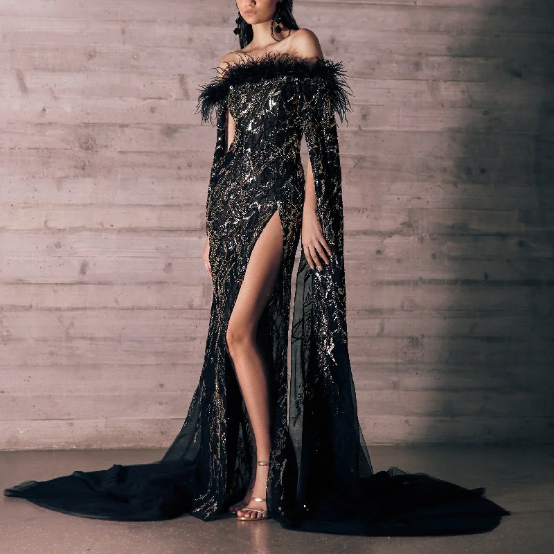 Magnetic Long Cape Sleeves Tulle Dress