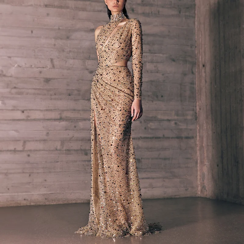 Draped Nude Asymmetric Dress