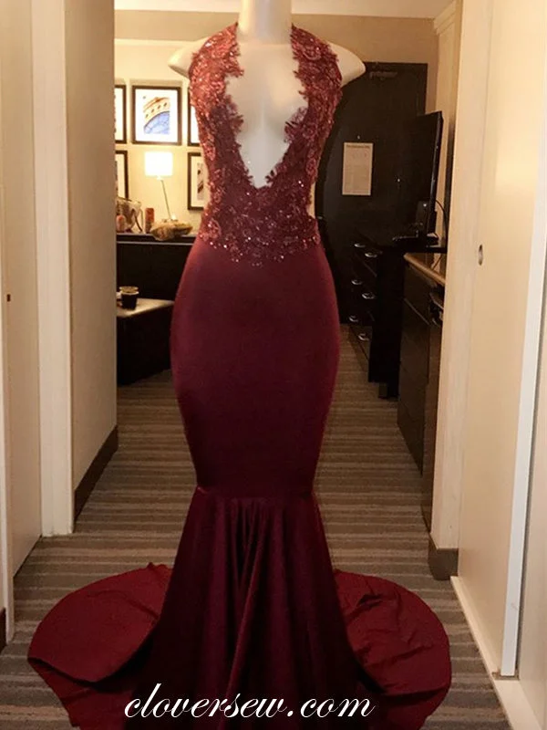 Lace Bead Burgundy Jersey Halter Mermaid Prom Dresses,CP0216