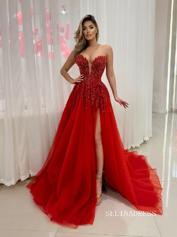 Chic A-line Strapless Elegant Red Long Prom Dresses Thigh Split Beaded Evening Dress sew03343 Chic A-line Strapless Elegant Red Long Prom Dresses Thigh Split Beaded Evening Dress sew03343