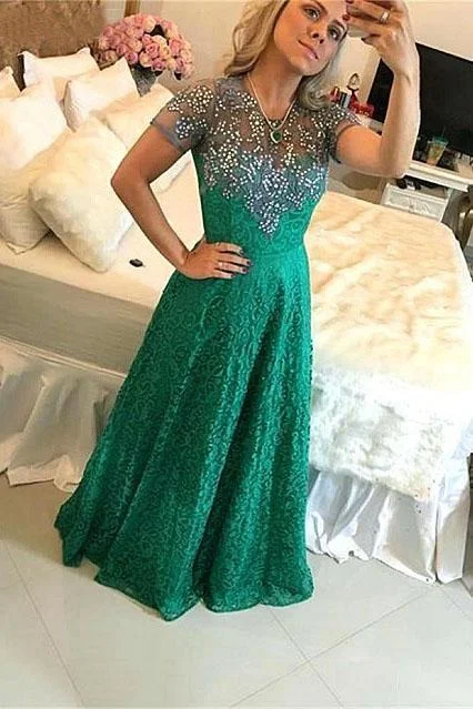A Line Short Sleeve Green Lace Appliques Beads Prom Dresses Floor Length Evening Dress A Line Short Sleeve Green Lace Appliques Beads Prom Dresses Floor Length Evening Dress