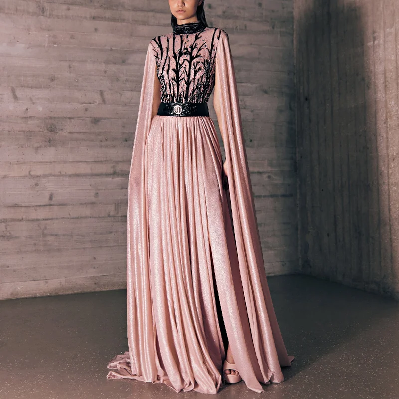 Blush Pink Jersey Dress With A Mysterious Vine Embroidered