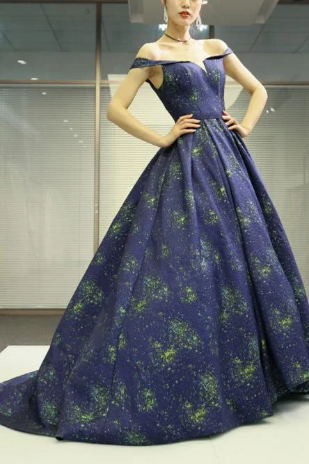A Line Off the Shoulder Long Navy Blue Prom Dress with Printed Cheap Evening Dresses A Line Off the Shoulder Long Navy Blue Prom Dress with Printed Cheap Evening Dresses