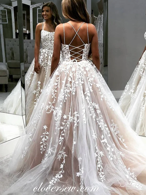 Ivory Lace Nude Lining Spaghetti Strap A-line Prom Dresses,CP0247