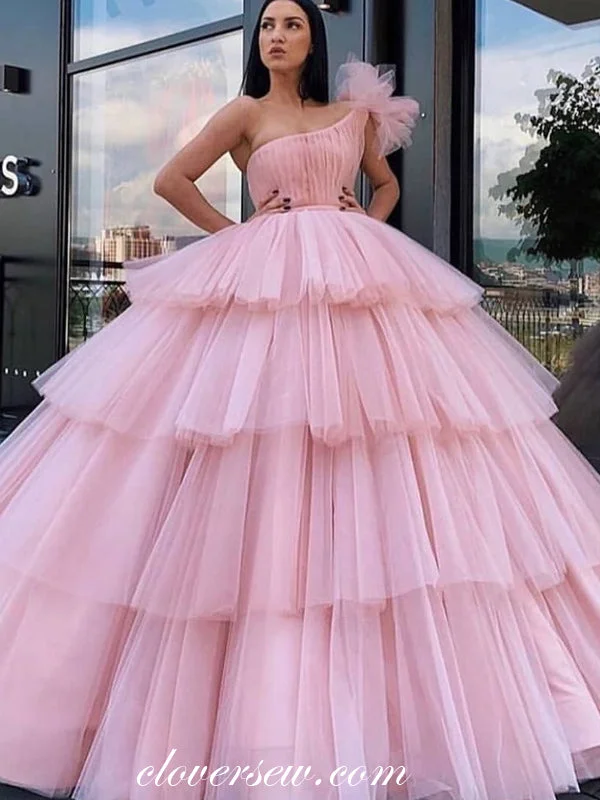 Pink Tulle One Shoulder Tiered Ball Gown Prom Dresses,CP0207