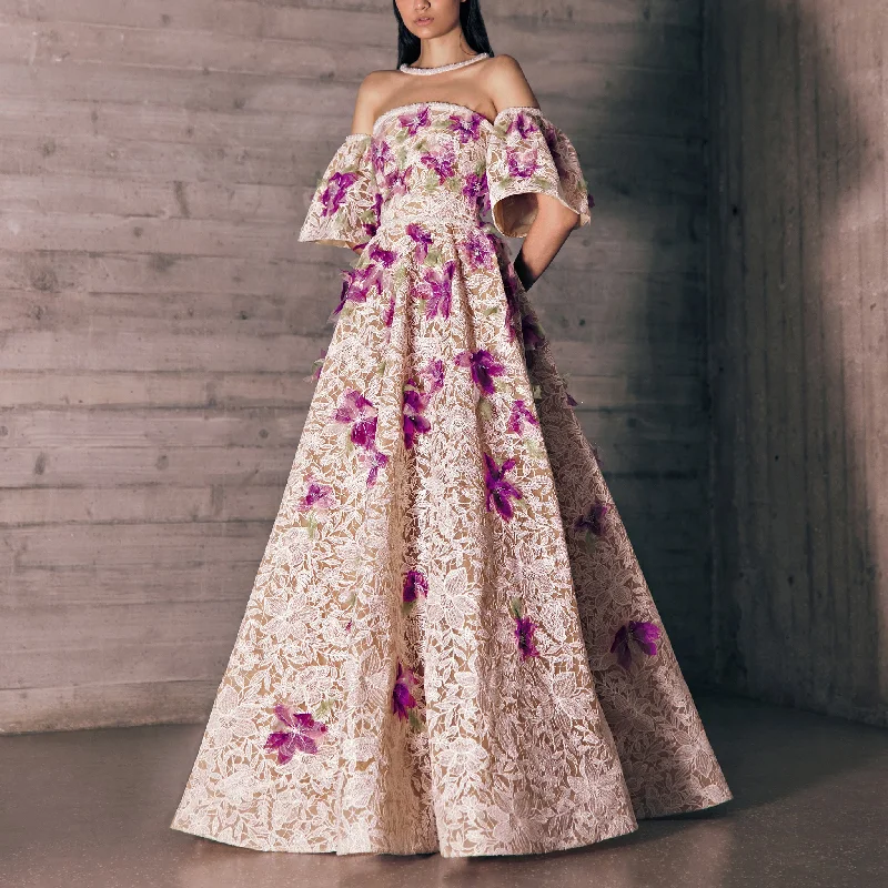 Nude Tulle Dress With Pure White Guipure, Fuchsia And Leafy Green Embroidered