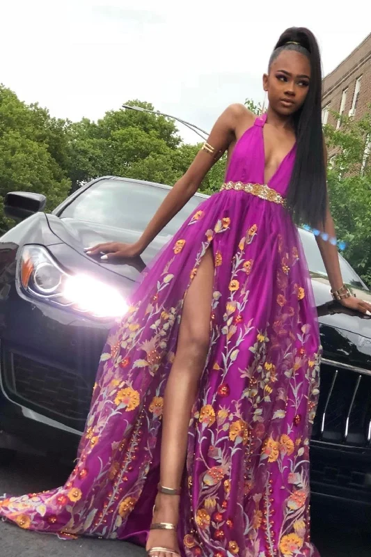 A Line Deep V Neck High Slit Purple Tulle Prom Dresses Long Evening Dresses
