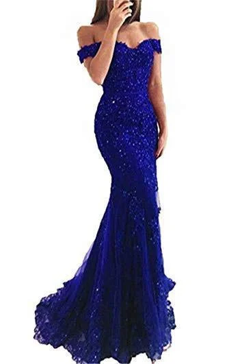 Blue Off the Shoulder Long Lace Appliques Mermaid Beads Prom Dresses Evening Dresses Blue Off the Shoulder Long Lace Appliques Mermaid Beads Prom Dresses Evening Dresses