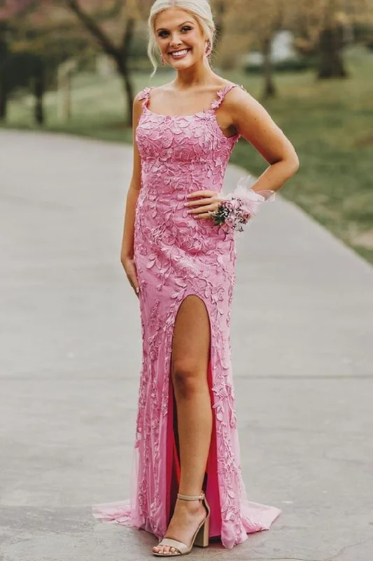 tight fuchsia lace appliques long formal dress with side slit Prom Dresses    cg21637