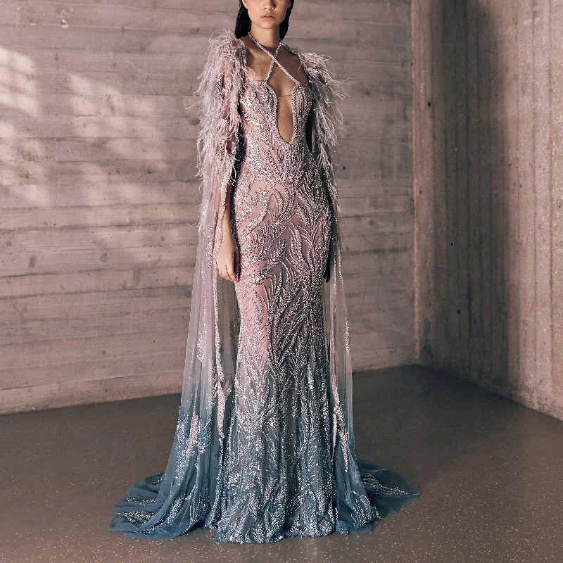 Silver To Blue Gradient Embroidered Tulle Dress