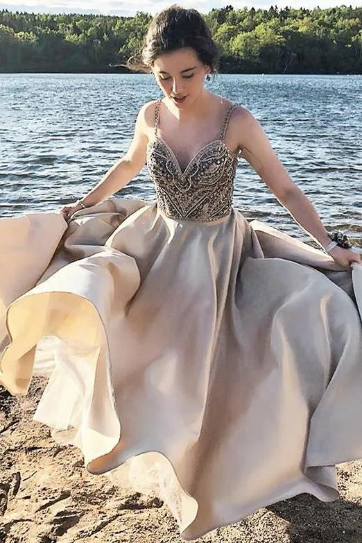 A line Spaghetti Straps Long V Neck Prom Dresses With Beading Evening Gown