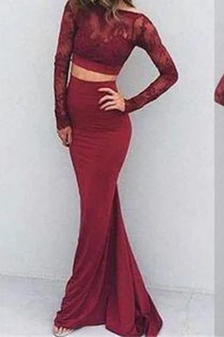 Burgundy Sexy Two Pieces Charming Backless Lace Long Sleeves Evening Dresses