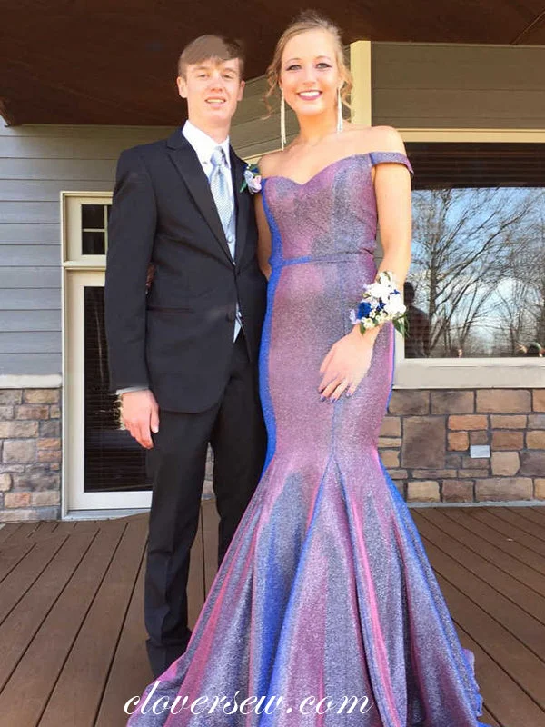 Purple Shiny Satin Off The Shoulder Mermaid Prom Dresses,CP0262