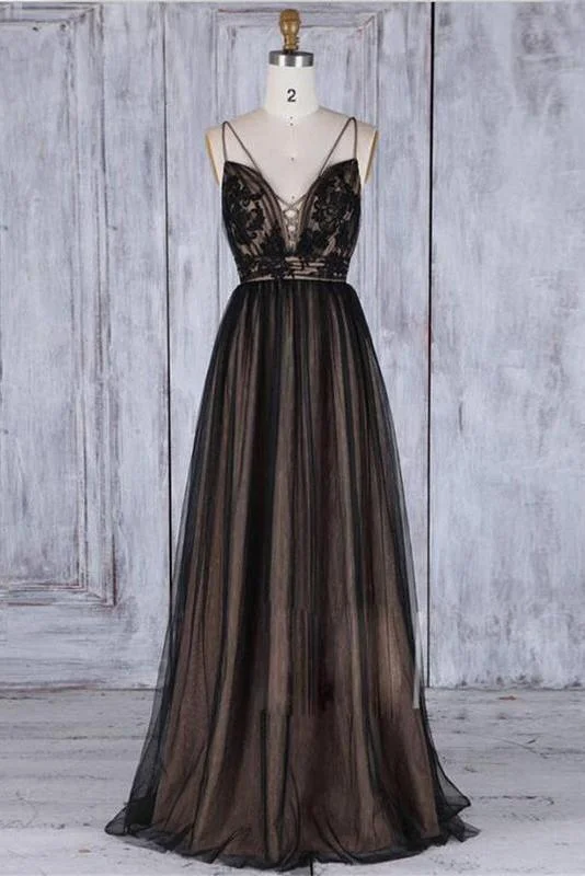 A Line Black Tulle V Neck Backless Lace Appliques Prom Dresses Simple Evening Dresses