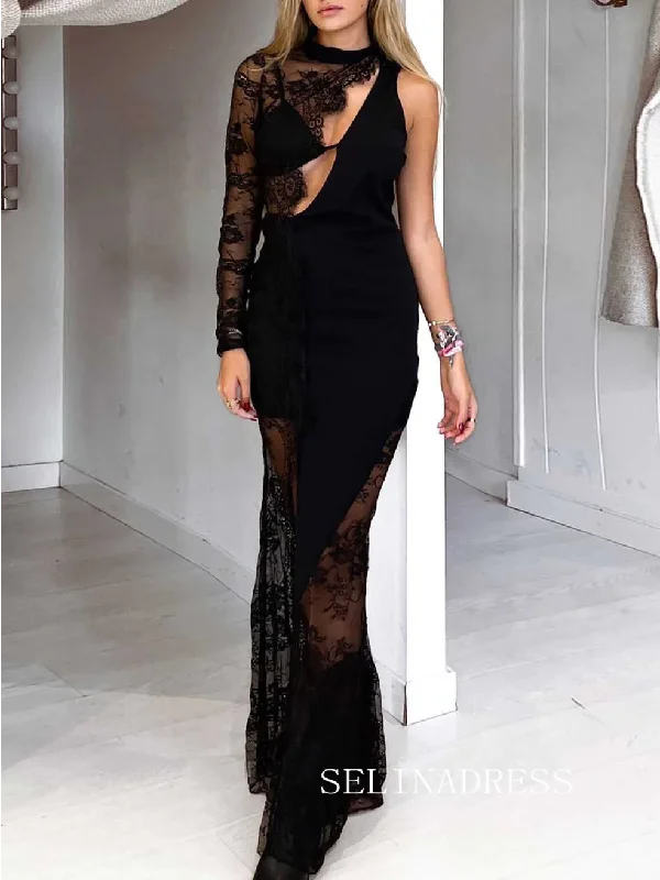 Chic Sheath/Column Black Lace Long Prom Dresses Elegant Long Sleeve Evening Formal Gowns SEW0175