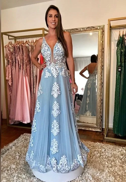 Deep V Neck Prom Dress, Blue Prom Dress, Lace Applique Prom Dress, Elegant Prom Dress, Prom Dresses Long, A Line Prom Dress cg21606 Deep V Neck Prom Dress, Blue Prom Dress, Lace Applique Prom Dress, Elegant Prom Dress, Prom Dresses Long, A Line Prom Dress cg21606