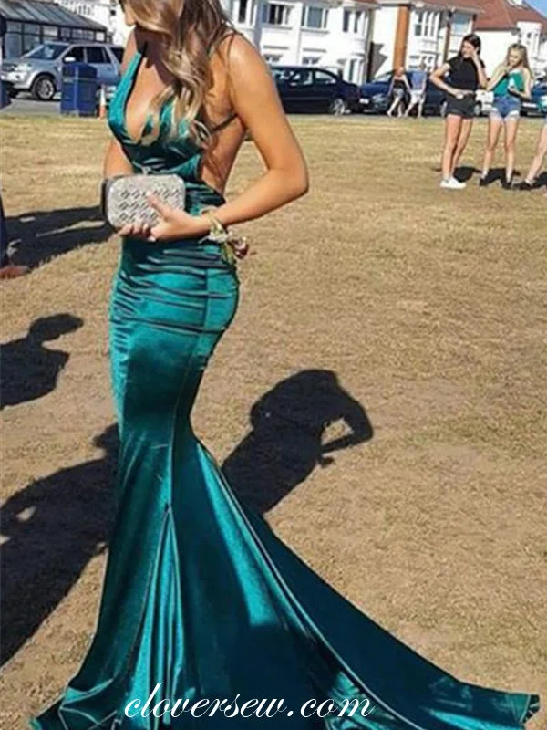 Turquoise Elastic Satin Spaghetti Strap Backless Prom Dresses,CP0239