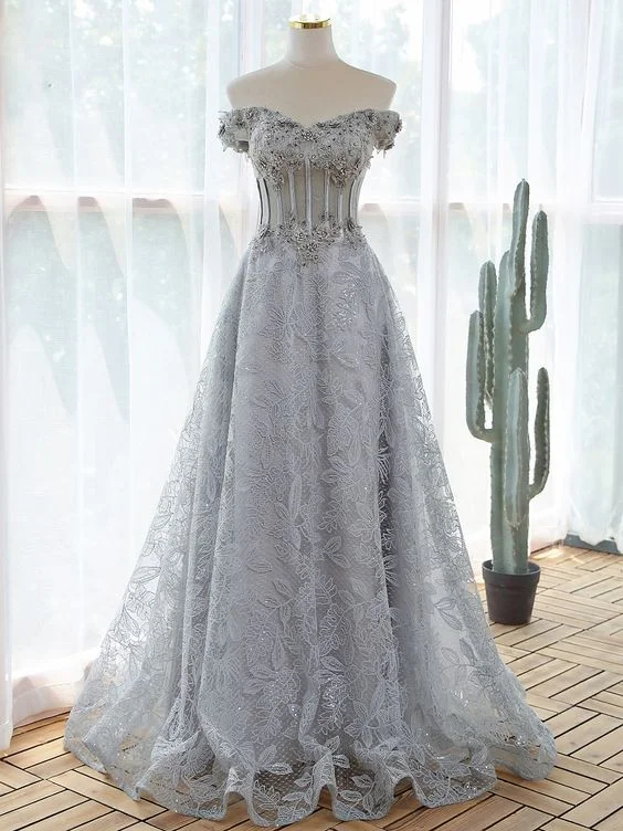 lace gray flowers Evening dress 2021 prom dresses evening gowns    cg21647
