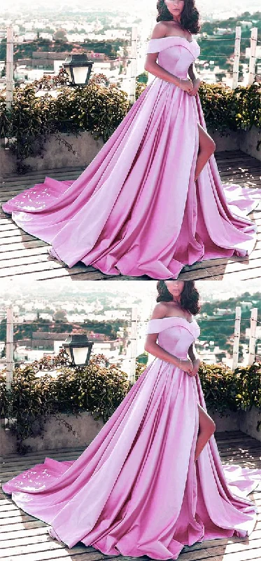 Mauve Pink Prom Dresses Satin Off The Shoulder Evening Gowns    cg21701