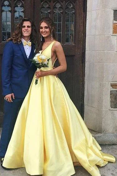 A Line Yellow V Neck Prom Dresses Satin Backless Lace up Long Evening Dresses