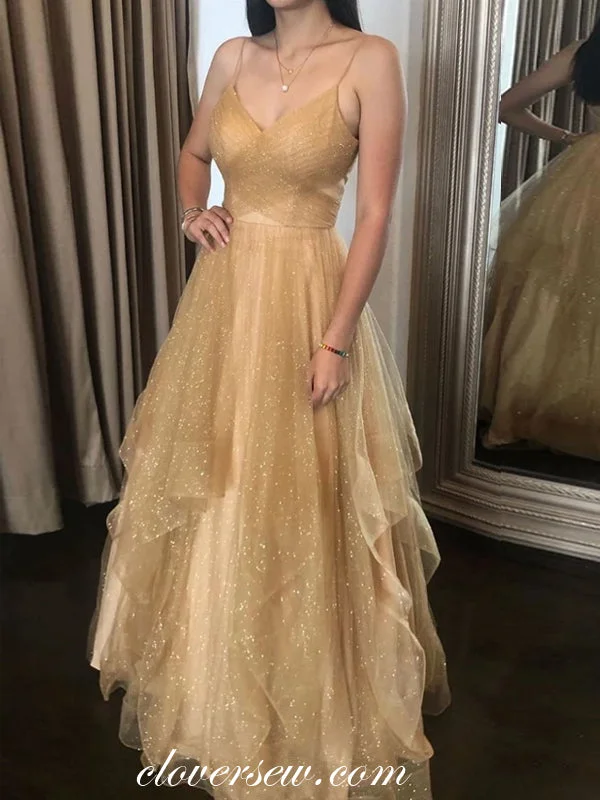 Gold Shiny Tulle Spaghetti Strap V-neck A-line Prom Dresses,CP0242