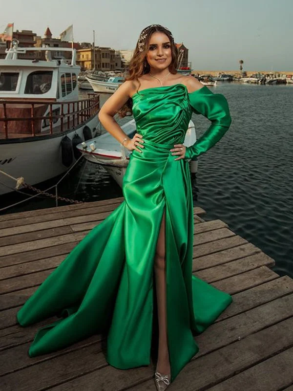 Elegant One-shoulder Satin Side Slit Long Evening Prom Dresses, PD0035