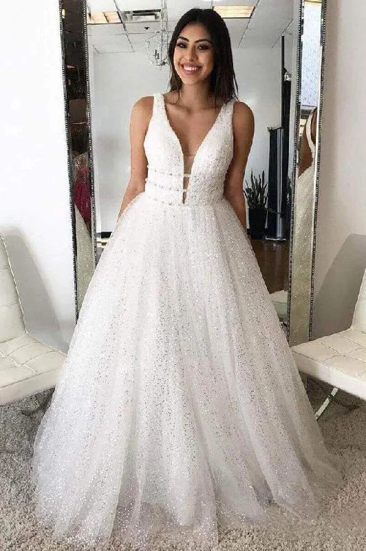 A Line Deep V Neck Ball Gown Prom Dresses Open Back White Evening Dresses