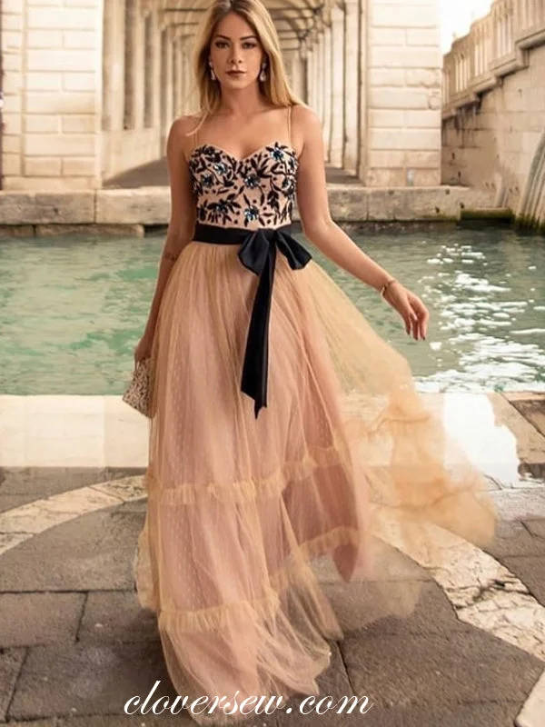 Black Applique Nude Tulle Sweetheart Strapless A-line Prom Dresses ,CP0285