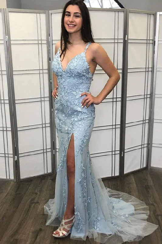 mermaid light blue lace appliques long formal prom dress features with v neck, side slit and low back    cg21405