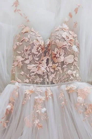 Charming A Line Tulle Floor Length Prom Dresses with Appliques Long Evening Dresses