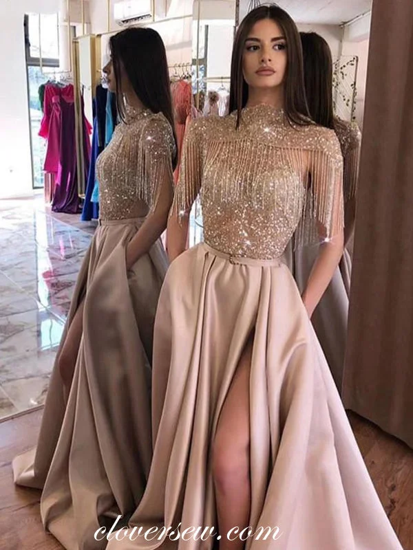 Bead High Neck With Shawel Satin A-line Side Slit Prom Dresses , CP0261