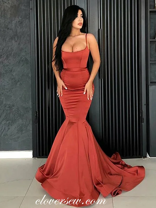 Rust Red Satin Spaghetti Strap Mermaid Prom Dresses,CP0235
