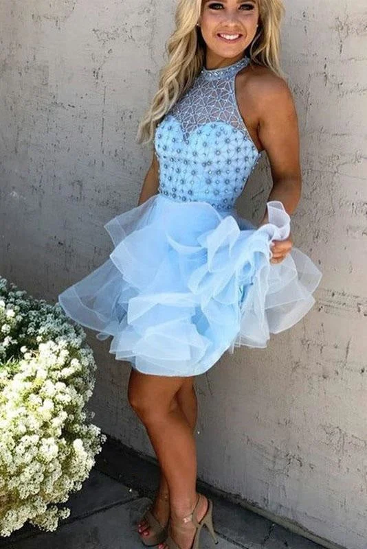 A-Line Light Blue Jewel Sleeveless Beading Mini Tulle Homecoming Party Dresses Tunics Top Casual A-Line Light Blue Jewel Sleeveless Beading Mini Tulle Homecoming Party Dresses Tunics Top Casual