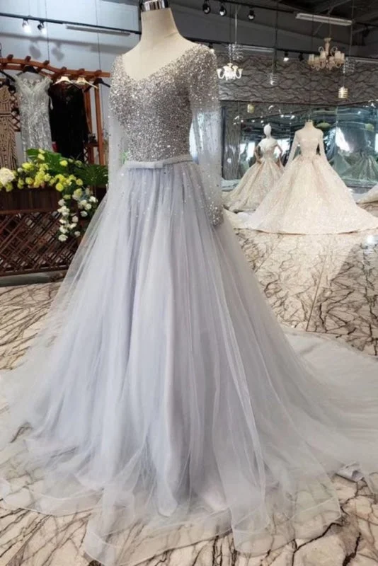 A Line Long Sleeves Tulle Prom Dress with Sequins Sparkly V Neck Evening Dresses Halter Neckline Beach A Line Long Sleeves Tulle Prom Dress with Sequins Sparkly V Neck Evening Dresses Halter Neckline Beach