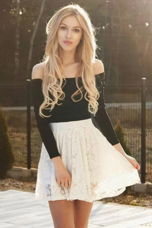 A-Line Off-the-Shoulder Lace Mini Homecoming Party Dress with Long Sleeves sweetheart Neckline Romantic A-Line Off-the-Shoulder Lace Mini Homecoming Party Dress with Long Sleeves sweetheart Neckline Romantic