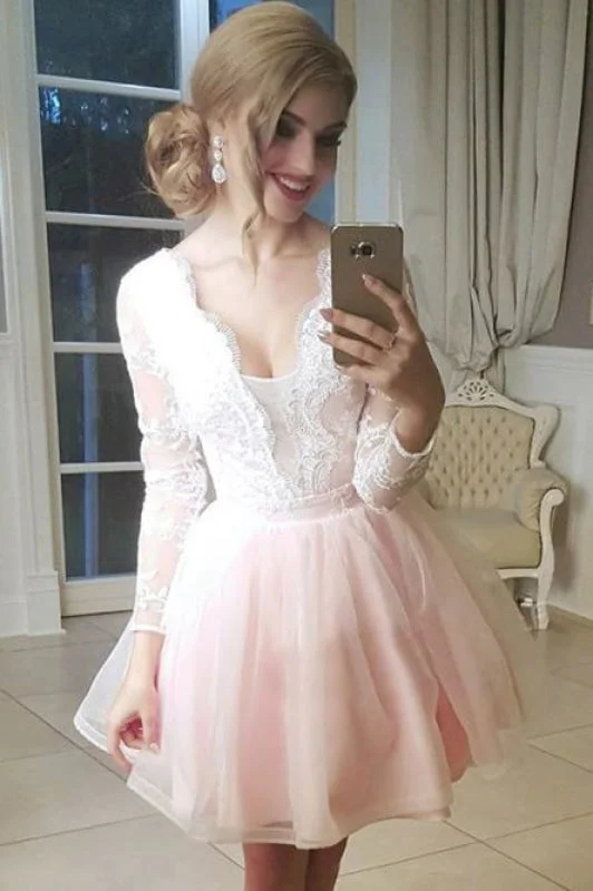 A-Line V-Neck Low Cut Lace Tulle Pink Homecoming Party Dress with Long Sleeves Crew Neckline Casual A-Line V-Neck Low Cut Lace Tulle Pink Homecoming Party Dress with Long Sleeves Crew Neckline Casual
