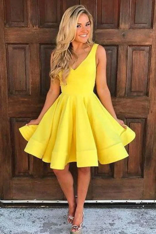 A-line Yellow V Neck Homecoming Cute Sleeveless Short Prom Dresses Party Dress Tunics Plaid country A-line Yellow V Neck Homecoming Cute Sleeveless Short Prom Dresses Party Dress Tunics Plaid country