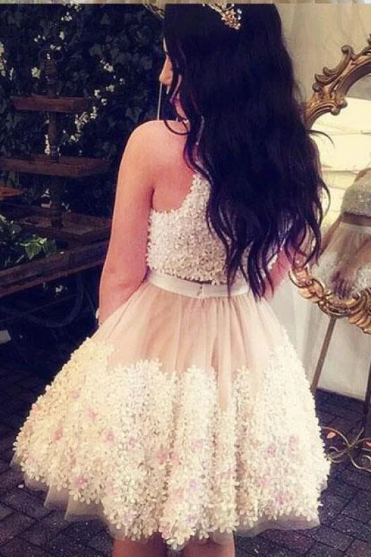 Affordable Glorious Two Pieces Tulle Appliques Sleeveless Homecoming A-line Mini Party Dresses sweetheart Neckline Romantic Affordable Glorious Two Pieces Tulle Appliques Sleeveless Homecoming A-line Mini Party Dresses sweetheart Neckline Romantic
