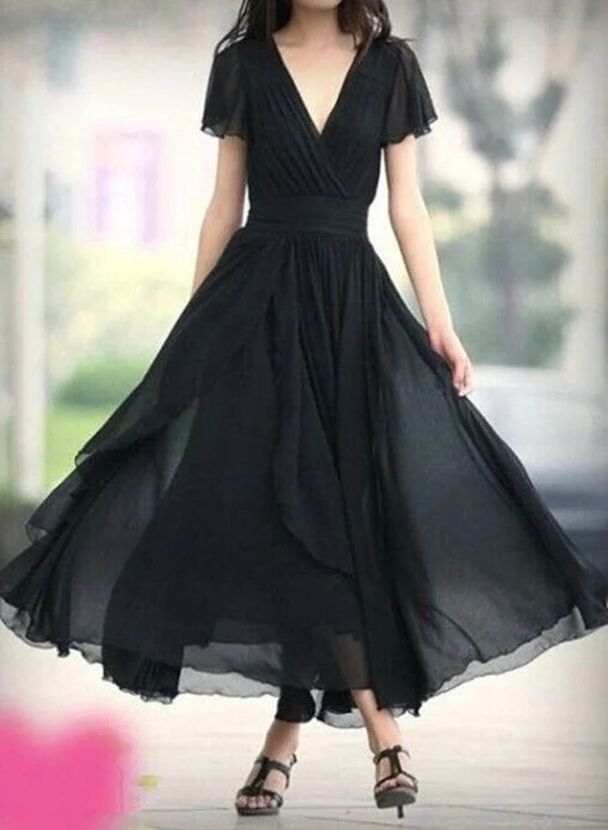 Black Chiffon Short Sleeves V-neckline Bridesmaid Dresses, Black Evening Dresses, Prom Dresses Tunics Leisure comfortable Black Chiffon Short Sleeves V-neckline Bridesmaid Dresses, Black Evening Dresses, Prom Dresses Tunics Leisure comfortable