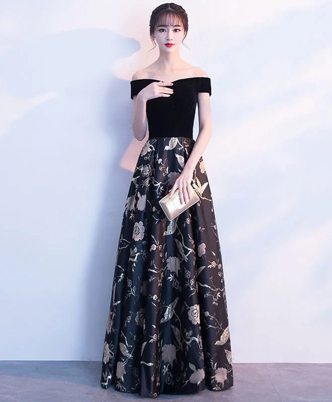 Black Off Shoulder Floral Pattern Long Prom Dress, Evening Dress Cowl Neckline Elegant Black Off Shoulder Floral Pattern Long Prom Dress, Evening Dress Cowl Neckline Elegant