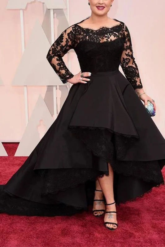 Black Plus Size Prom High Low Long Sleeve Evening Dress with Lace Tunics Handmade artisanal Black Plus Size Prom High Low Long Sleeve Evening Dress with Lace Tunics Handmade artisanal
