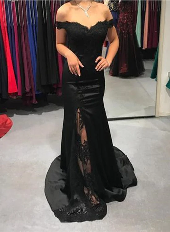 Black Satin Off Shoulder Slit Lace Bridesmaid Dresses, Black Party Dresses, Formal Gowns Tunics Designer luxury Black Satin Off Shoulder Slit Lace Bridesmaid Dresses, Black Party Dresses, Formal Gowns Tunics Designer luxury