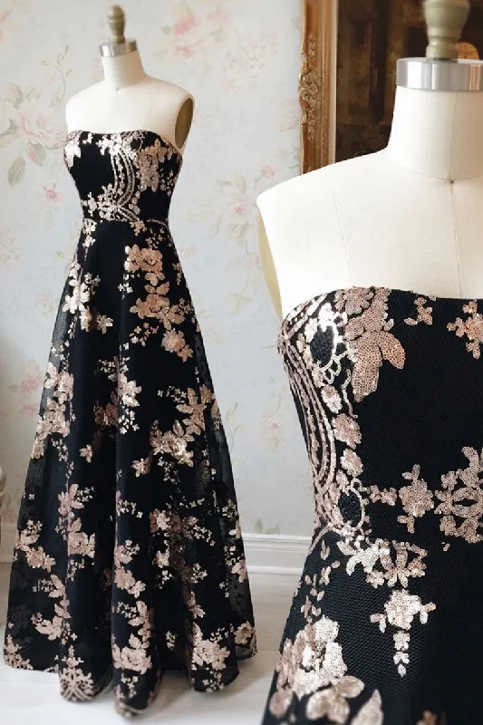Black sequin lace long prom dress black evening dress Cowl Neckline Elegant